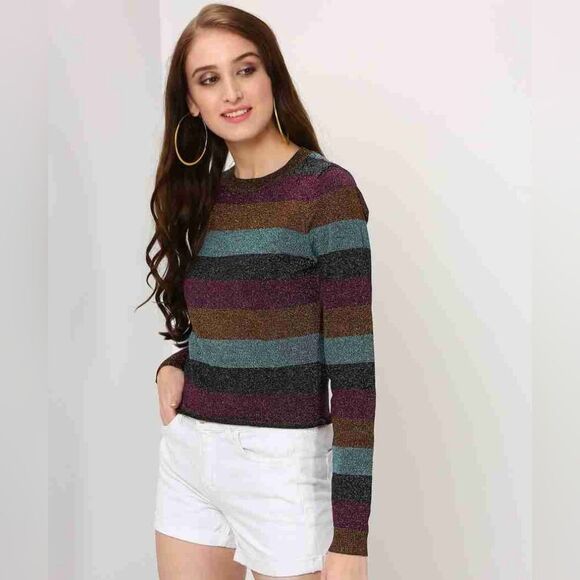 Forever 21 Contemporary Size Large Striped Round Neck Multicolor Sweater - Picture 4 of 12